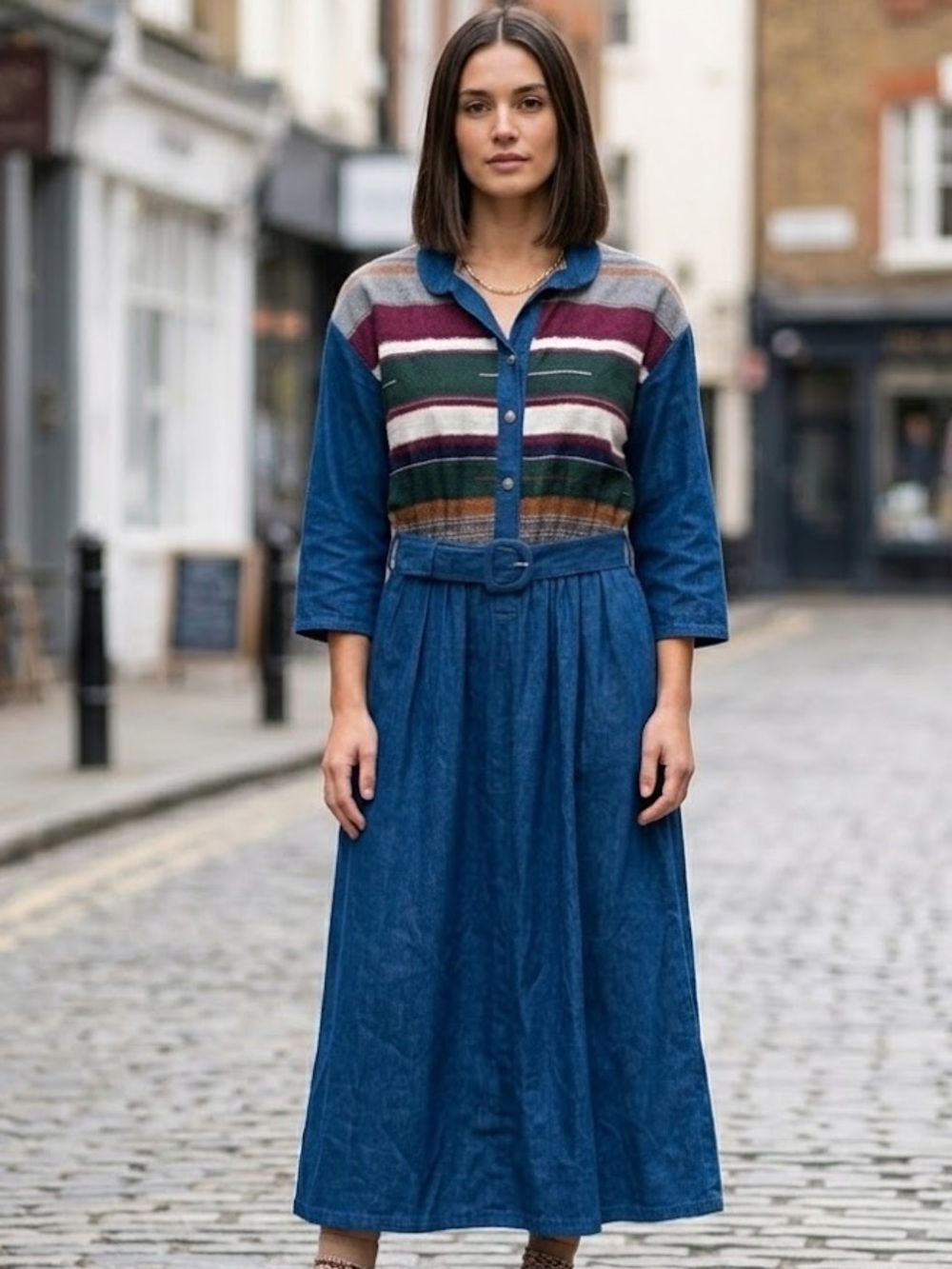 Vintage EJM Colorful Striped Long Denim Dress, Southwestern Style 70s 80s 90s